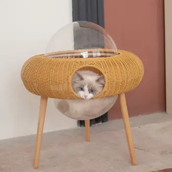 2023New design Cat house condos fun штабелируемый для домашних кошек Водонепроницаемый ротанговый домик для кошек в форме летающей тарелки в качестве стола