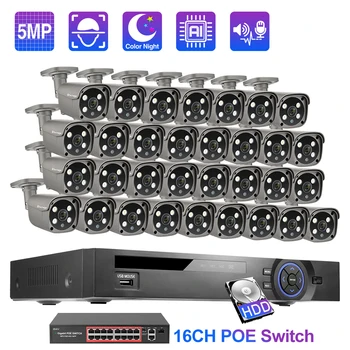 Techage 32CH HD 5MP POE Система Камеры Безопасности Двухстороннее Аудио Наружное Распознавание Лица Цветное Ночное Видение CCTV Комплект Видеонаблюдения