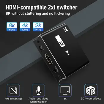 Коммутатор-разветвитель 2 в 1 с выходом, совместимый со сверхскоростным HDMI 2,1 48 Гбит/с, 8K @ 60Hz, 4K @ 120Hz, Коммутатор-адаптер с кнопкой переключения для HDTV