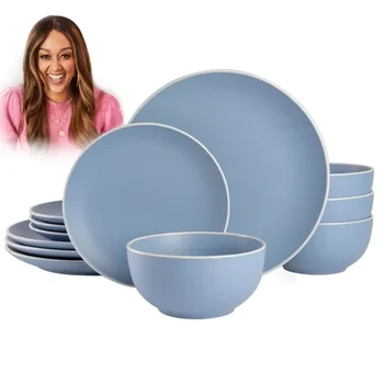 Роскошный набор посуды из керамогранита синего кремового цвета Тахини из 12 предметов