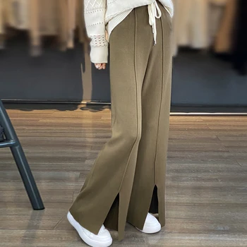 Женские элегантные брюки, осенне-зимние широкие прямые брюки, эластичные тонкие корейские трикотажные толстые свободные теплые брюки с высокой талией