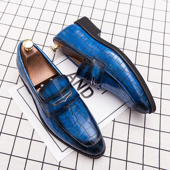 Весенние итальянские высококачественные синие кожаные туфли для мужчин, мужские кожаные туфли, свадебные модельные туфли, лакированные мужские лоферы, Большой размер: 38-48