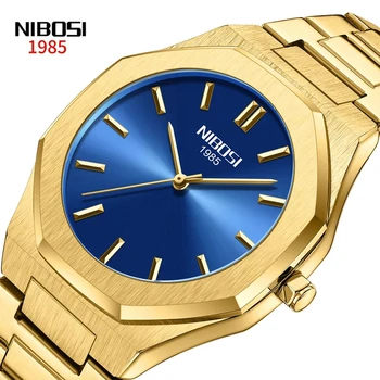 Мужские кварцевые часы с синим циферблатом бренда NIBOSI, роскошный золотой ремешок из нержавеющей стали, Водонепроницаемые модные мужские часы Relogio Masculino