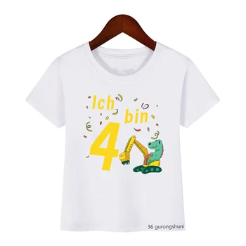 Новая забавная футболка с динозавром-экскаватором, номер 2, 3, 4, 5, подарок на день рождения, рубашка, Одежда для мальчиков и девочек, Топы с короткими рукавами для малышей