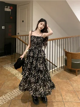 Deeptown Y2k, цельное платье с цветочным рисунком в корейском стиле, женское Винтажное Элегантное многослойное платье с высокой талией, черные Длинные платья-феи, летние