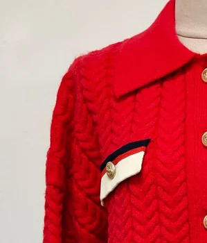 Женский красный вязаный кардиган в стиле пэчворк С Длинными рукавами, теплая одежда, карманы, Однобортные модные женские топы