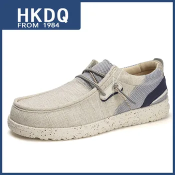 HKDQ Летние льняные эластичные мужские кроссовки, Дышащая повседневная обувь без застежки, Модные удобные противоскользящие лоферы Большого размера 40-48
