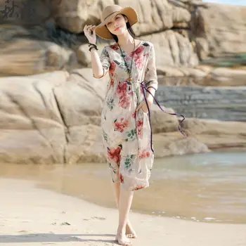 Летнее Пляжное платье с V-образным вырезом и цветочным принтом в стиле Ретро 2023, Женская Свободная Длинная юбка с узким галстуком на талии