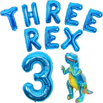 Funmemoir Динозавр Три Рекса, Украшения для Вечеринки в честь 3-го Дня Рождения Мальчиков, Синий Динозавр Три Рекса, Номер 3, Воздушные шары из фольги, Комплект Принадлежностей