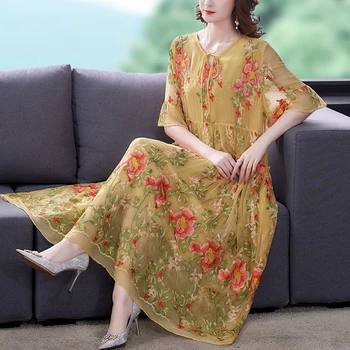 Женское Макси-платье из Шелка Тутового дерева с Цветочной Вышивкой, Летнее Модное Повседневное платье с расклешенными рукавами 2022, Корейское Элегантное платье со свободной талией