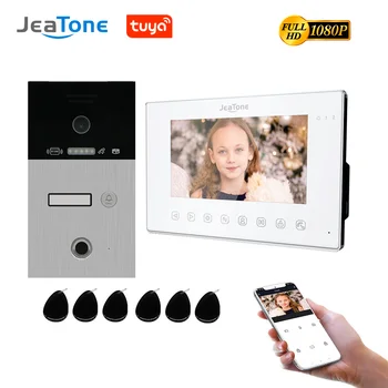 Jeatone Tuya WiFi Видеодомофон с Отпечатками пальцев, 7-дюймовый Экран монитора с сенсорной кнопкой и камера Домофона 1080P с Разблокировкой ID-карт