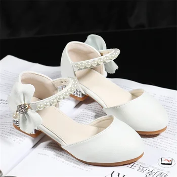 Детское Кожаное белое платье принцессы на высоком каблуке для девочек, танцевальные сандалии для студенческого шоу, обувь для малышей, Мэри Джейн