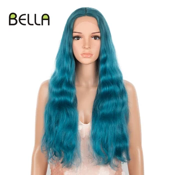 Синтетический кружевной парик Bella, 28 Дюймов, Т-образная часть, Длинные Волнистые Женские Парики, Омбре, Синий Блонд, Синтетический парик для Косплея, термостойкое волокно