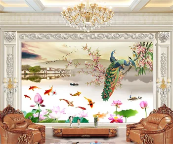 Индивидуальные 3D обои любого размера, фреска, павлин, лотос, девять рыб, пейзажная живопись, китайский стиль, фоновая настенная живопись papel