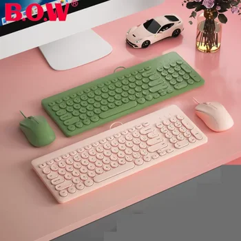 Комбинированная проводная клавиатура и мышь B.O.W, круглая клавиша в стиле ретро, бесшумная цветная клавиатура, стабильная работа мыши с частотой 2,4 ГГц, подключенная по USB