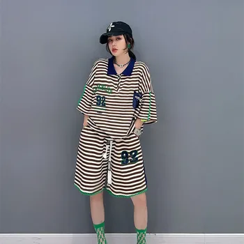 2PCS Short Summer Set Women Thin Stripe Suit Casual Loose GYM Kit Matching Set Летний короткий комплект для женщин