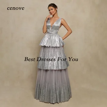 Серебряное блестящее платье для выпускного вечера Cenove Трапециевидной формы с V-образным вырезом и многоуровневым вечерним платьем без рукавов, Вечерние платья для женщин, Свадебная вечеринка 2023