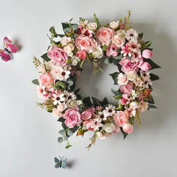 Венок из розы из искусственного шелка 40 см, Искусственная гирлянда для украшения свадебной вечеринки, Цветочная композиция для подвешивания на стену входной двери, Цветочная композиция