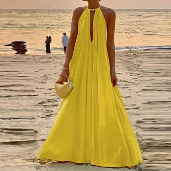 Женское однотонное прямое Свободное платье на бретелях, Модное французское Стильное Простое Темпераментное платье Макси, Элегантное пляжное платье в стиле Бохо с глубоким V-образным вырезом