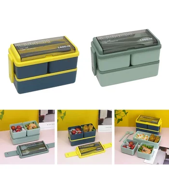 1 комплект двухэтажных разделенных ланч-боксов Bento Box с ложкой-вилкой для офисных работников, Инструменты для приготовления ланча с подогревом в микроволновой печи