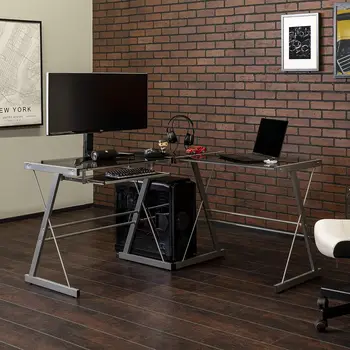 Современный угловой игровой стол L-образной формы со стеклянной столешницей и подставкой для компьютерной клавиатуры, 51 дюйм, дымчатый