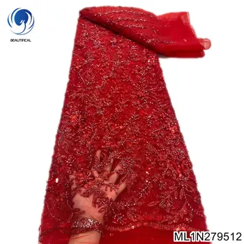 Кружевная ткань с красным бисером, высококачественная поставка 12 цветов, африканская кружевная ткань с вышивкой, кружевная ткань с жемчугом для свадьбы ML1N2795