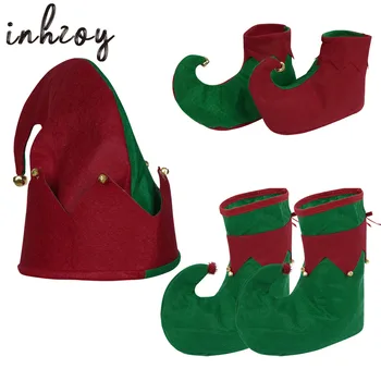 Рождественская шляпа Эльфа, обувь, Набор для косплея Санта-Клауса, Наряды, Аксессуары для костюмов для праздничной вечеринки, зеленый/Красный