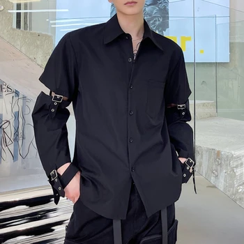 Techwear Рубашки Мужские в стиле хип-хоп Harajuku, темная одежда, лоскутные топы на пуговицах, мужская повседневная японская уличная одежда в стиле панк с длинным рукавом