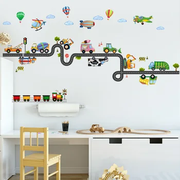 Мультяшные Инженерные транспортные средства, наклейки на стену с самолетами, Настенная роспись для детской комнаты, самоклеящиеся комбинированные обои для детской