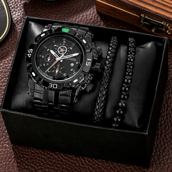 Модные Мужские часы из нержавеющей стали, Роскошные водонепроницаемые кварцевые наручные часы, набор браслетов, подарочная коробка для мужчин Relogio Masculino