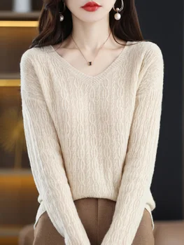 Ранняя осень, новый свитер из 100% чистой шерсти, женский пуловер с V-образным вырезом, универсальный кашемировый свитер для похудения, трикотажная нижняя рубашка