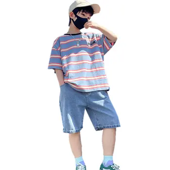 Новая Летняя детская футболка для мальчиков + шорты, комплекты одежды из 2 предметов, Детский спортивный костюм Для мальчиков-подростков, Корейские Свободные спортивные костюмы от 5 до 14 лет