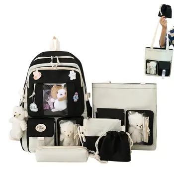 Рюкзаки для девочек-подростков, 5 шт., сумка для книг средней вместимости, школьная сумка большой емкости с булавкой Kawaii и аксессуарами