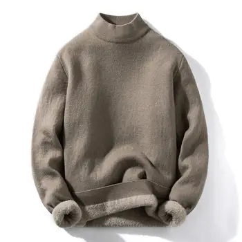 Мужской свитер с утолщенным плюшем с полувысоким вырезом, осенне-зимний приталенный трикотаж со встроенным бархатным низом