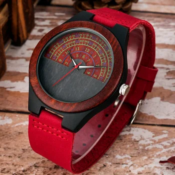 Модные Повседневные Мужские деревянные часы, Новый дизайн, полуоборотный цифровой циферблат, Красные кожаные кварцевые наручные часы, Подарок, Relógio De Madeira