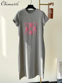 Женское платье-футболка с вышивкой из флока, лето 2023, Новое Модное Прямое Тонкое Длинное платье с короткими рукавами, Повседневное женское платье
