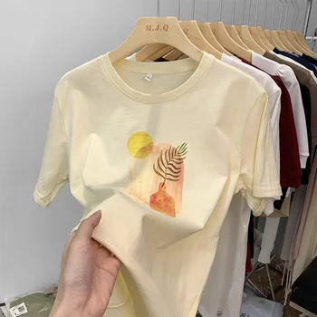 Летняя хлопковая футболка Baisc Абрикосового цвета, Женская футболка с коротким рукавом, Свободный Топ с круглым вырезом, Женская Повседневная Уличная одежда с принтом 2023