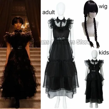 Wednesday Addams, платье для косплея для девочек, детский фильм, Костюмы для косплея Wednesday, Черные готические платья, женская одежда для вечеринки в честь Хэллоуина