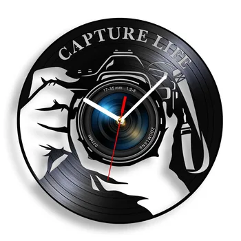 Камера со вспышкой Capture Life Виниловая пластинка Настенные часы Фотостудия Киностудия Фото Часы Ретро Настенные часы Подарки фотографу