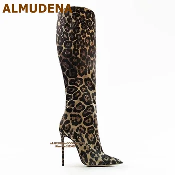 ALMUDENA/ Леопардовые сапоги до колена из лайкры на тонком высоком каблуке с острым носком, женские осенне-зимние длинные модельные туфли, обувь для банкета, Размер 46