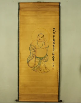 Антикварная картина традиционная китайская роспись свитка Будды с большим животом, старая бумажная роспись