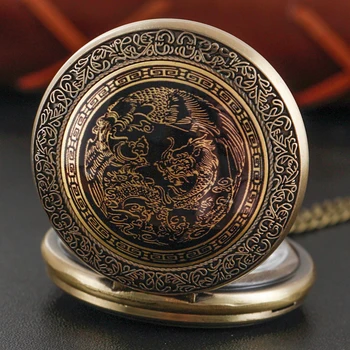 Большие бронзовые Изысканные кварцевые карманные часы с китайским драконом Фениксом, джентльменское ожерелье, подвесные часы, женские ювелирные изделия, подарок