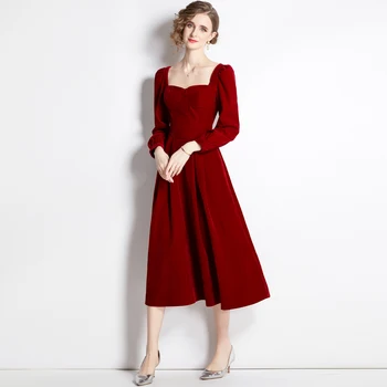 AIMEILI, Женское осенне-зимнее Элегантное вельветовое платье Высокого качества, Длинный красный халат для коктейльной вечеринки, Винтажное дизайнерское платье трапециевидной формы