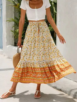 Женская Длинная юбка в богемном стиле с цветочным рисунком 2023, эластичная талия, гофрированная, Трапециевидная, Струящаяся, Раскачивающаяся Длинная юбка для пляжа (кремово-белый M)