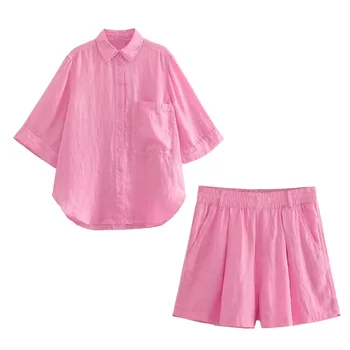 Женская Стильная Блузка Шорты Костюм Рубашка с коротким рукавом Мини Шорты Розовый Белый Летний Простой комплект из двух предметов TA154
