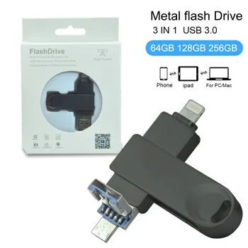 USB Флэш-накопитель 64 ГБ 128 ГБ Memory Stick Флешка 32 ГБ 256 ГБ Flashdisk 3,0 Флэш-накопитель 3 в 1 для iPhone/Android/Планшетных ПК