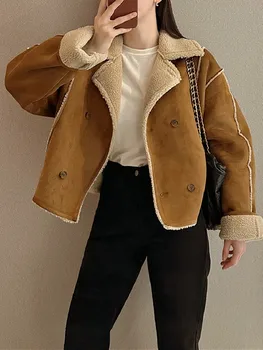 Куртка из искусственного меха в Корейском стиле с длинным рукавом Осень Зима 2023 Шикарный Отложной воротник Двубортные Повседневные теплые пальто Винтаж
