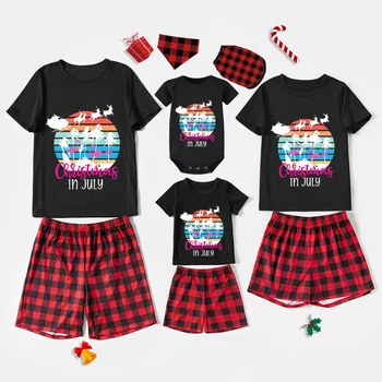 Одинаковые семейные пижамы на Рождество В июле, комплекты коротких пижам с Санта-Оленем, Черные, Красные