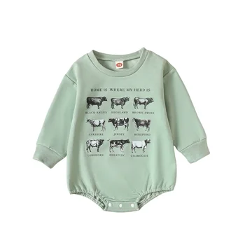Детский осенний комбинезон, Повседневный Боди с длинными рукавами и круглым вырезом и принтом коровы, Теплая одежда для младенцев