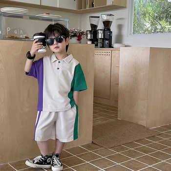 Летние комплекты детской одежды контрастного цвета с лацканами, футболка с коротким рукавом и шорты, комплект из 2 предметов для мальчиков